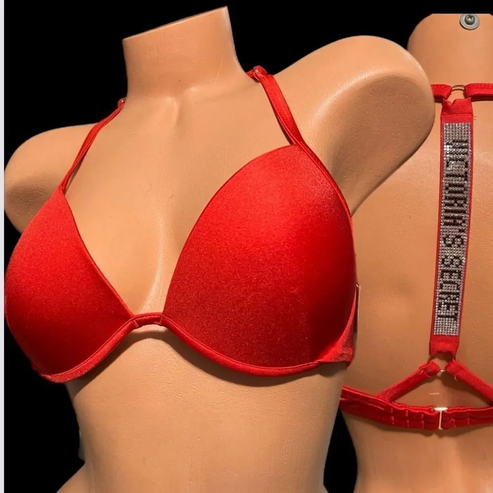 Victorias Secret Swim Shine Strap Full Coverage Push Up Bikini top Cheeky Red